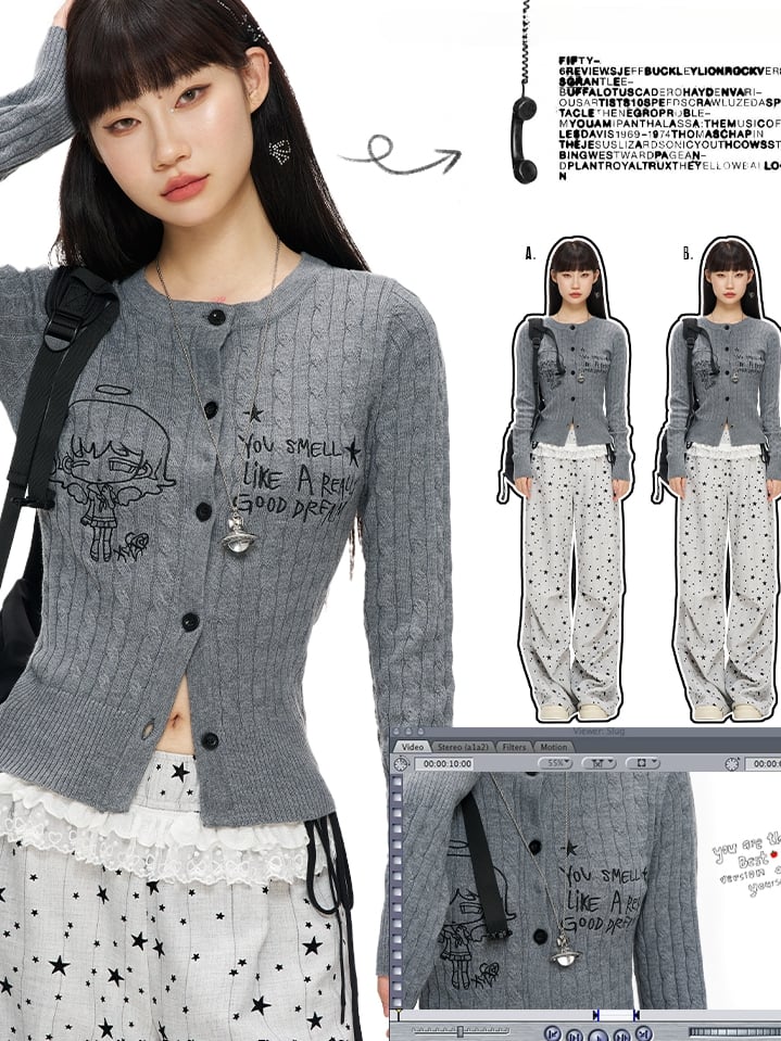 Grauer Manga Girl Slim-Fit Cardigan