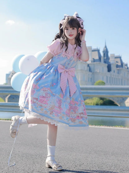 Neckline Design Bow Blue Ears Sweet Lolita Dress JSK Adorable Mouse Print Mouse Big