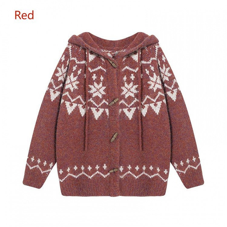 Button Drawstring Pattern Sweater - Toggle Retro Vintage Hood Accents