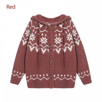 Button Drawstring Pattern Sweater - Toggle Retro Vintage Hood Accents