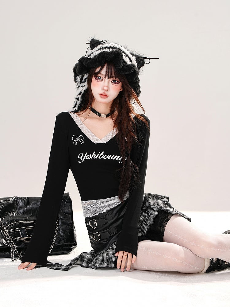 Long V-Neck Neckline and with Black Hem Sleeve Lace Top Patchwork