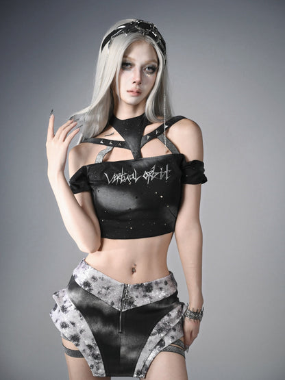 未来的なブラックホルターネックファッションサイバーパンクトップス、取り外し可能な袖付き、Y3Kクロップド丈