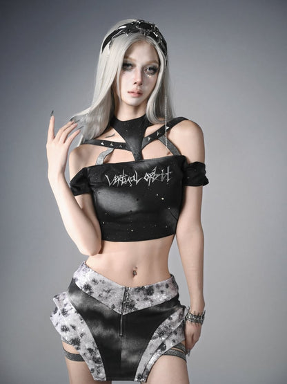 ファッションアシンメトリースコートY3K未来的な黒と銀のローウエストサイドゴムバンドサイバーパンク