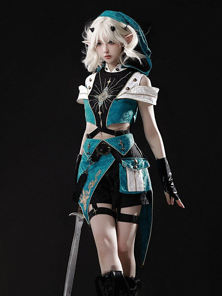 Teal Ouji Lolita Cutout Hooded Top + Asymmetric Metal Button Shorts Set - Xiong Dou Jiang
