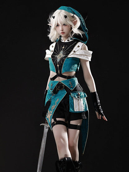 Teal Ouji Lolita Cutout Hooded Top + Asymmetric Metal Button Shorts Set - Xiong Dou Jiang
