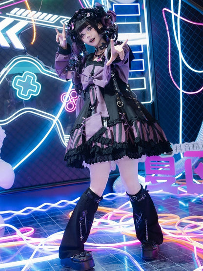Kitty Gothic Striped + JSK Top Bow and Dress Pattern Ears Black Sailor Collar Lolita Big Purple Cropped