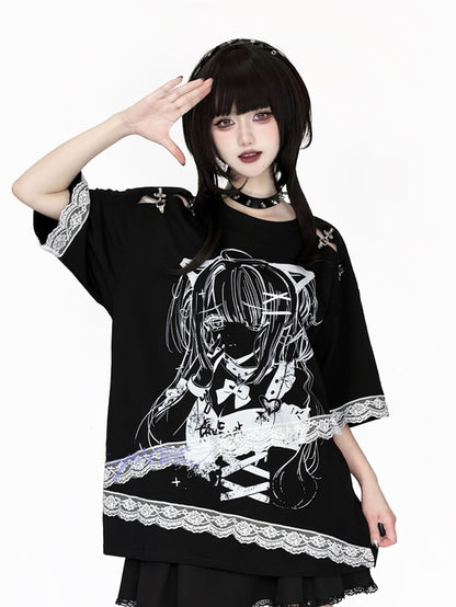 and Fastener Shoulder Anime Girl Graphic T-Shirt Black Decorative Black White / with Lace Embellishment Purple