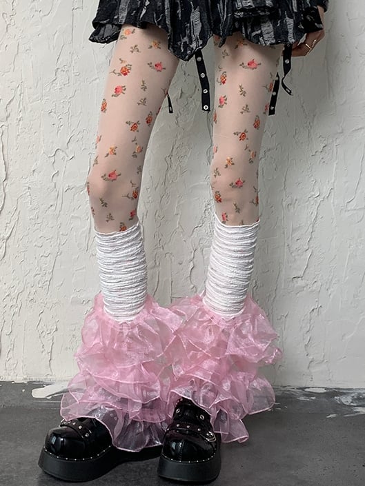 レーススリーブ マルチレイヤートリム Y2K ホワイトピンク レッグ