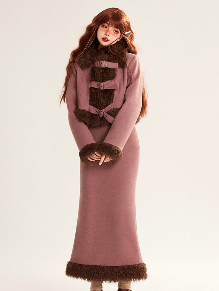 Crop Coat Set Faux with Zipped Pencil Trim Skirt Buckle Pink Straps Fur