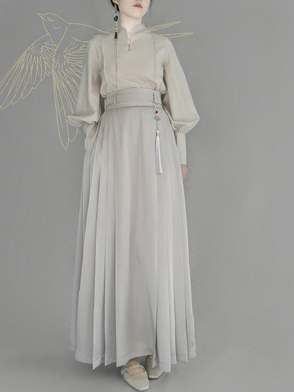 Balloon Blouse Beige Sleeves Snap Style Chinese with Fastener