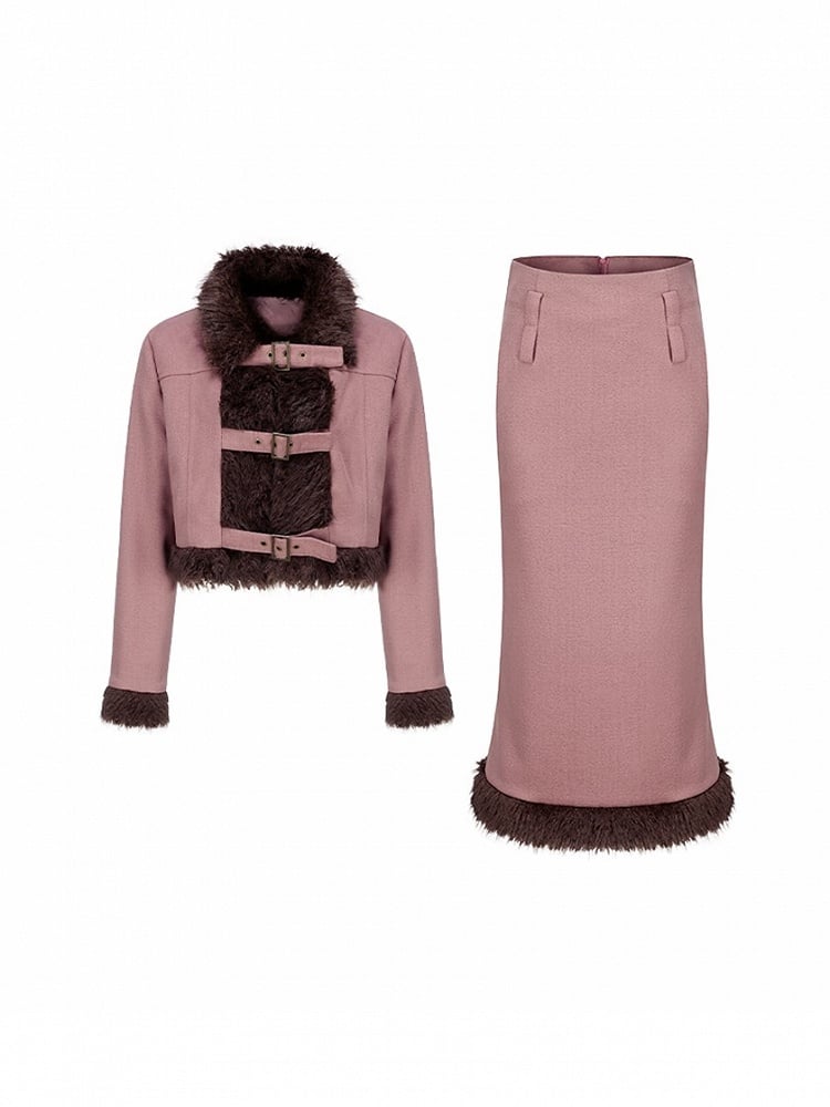 Crop Coat Set Faux with Zipped Pencil Trim Skirt Buckle Pink Straps Fur