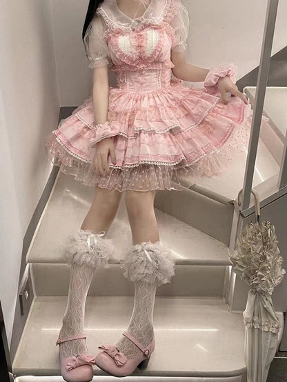 Pink Pattern Polka-dot Heart Sweet Ruffled Heart Front Lolita Dress