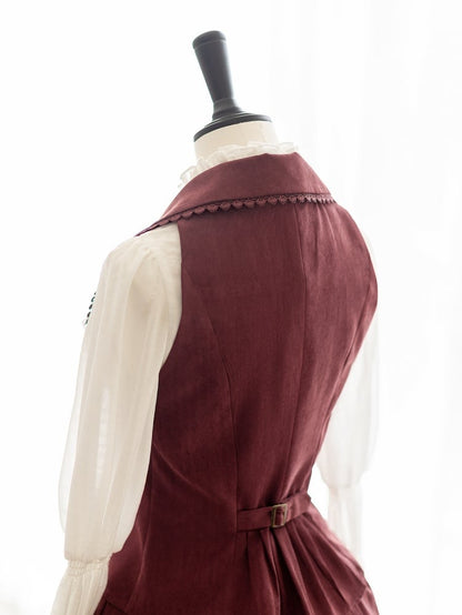 ヴィンテージ秋冬レッドベスト/ボーン入りハイウエストスカート