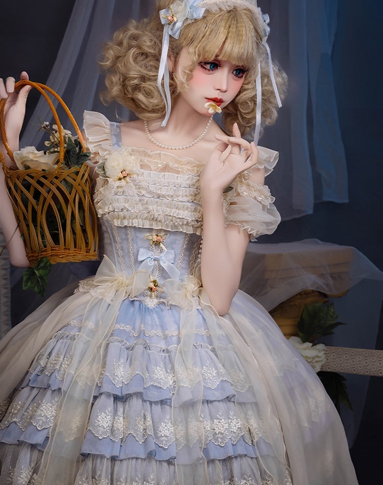 Accents Jacquard Blue Rosette Tiered Balletcore Sweet Lolita Dress Jumper Skirt Fabric