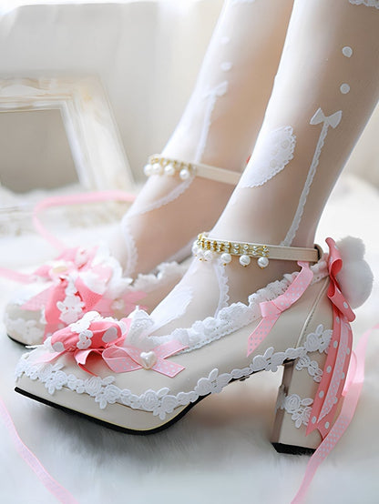 Top at Decorated Block Bunny Lolita 8CM Plush Sweet Pink Heels Shoes Bow