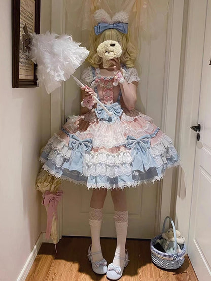 Schleifendetails Blaues Kleid Süße Perlenprinzessin Rosa Abnehmbar und Lolita