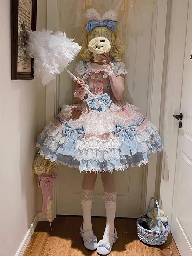 Süße Lolita-Details, Perlen, rosa, abnehmbare Prinzessinnen-Schleifen, blau und Kleid