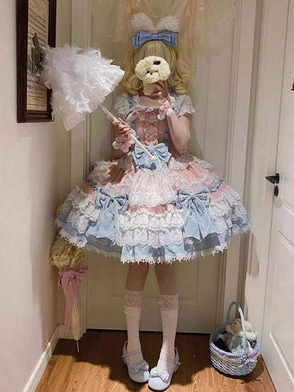 Süße Lolita-Details, Perlen, rosa, abnehmbare Prinzessinnen-Schleifen, blau und Kleid