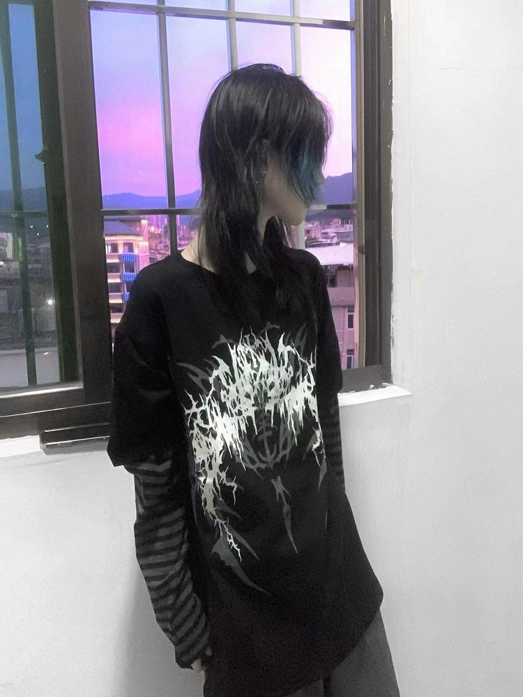 and Dark Top Sleeves Print Faux Gothic Black Two-Piece Striped Fantasy with