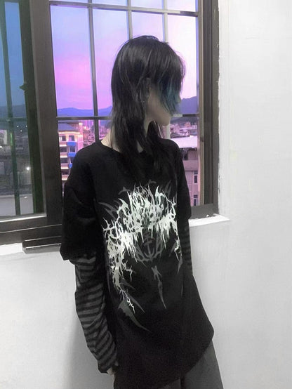 and Dark Top Sleeves Print Faux Gothic Black Two-Piece Striped Fantasy with