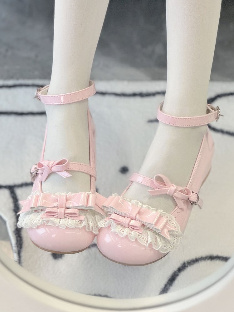 Lolita Bow Ruffled Pink Lace Janes Details with Low-heel Mary Decor Sweet