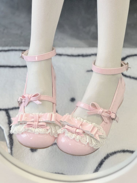 Lolita Bow Ruffled Pink Lace Janes Details with Low-heel Mary Decor Sweet