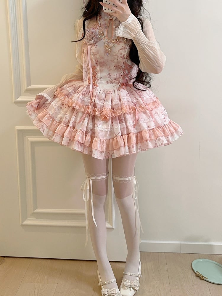 Qipao-Style Floral Halter Details Pattern with Lace Pink Dress Button Lolita Sweet Neck