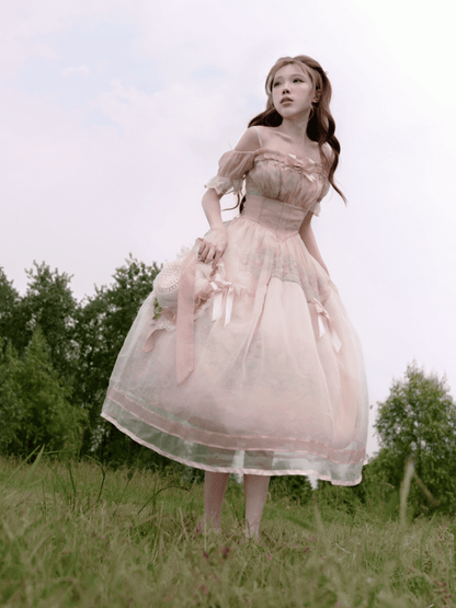 Malkleid mit Organza-Overlay Ölrosa Seerosendruck Basken-Taille Leicht