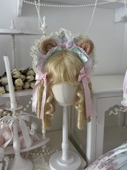 Rose & Mint Bow Lace Headband with Bunny Ears - Lunethe