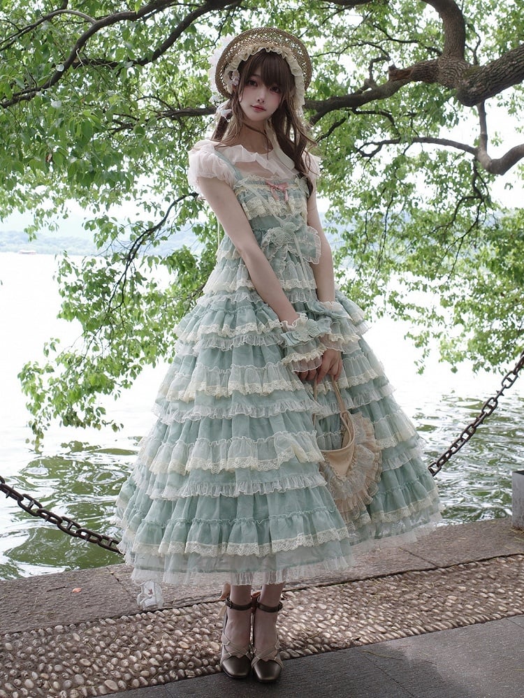 Goldfisch verstellbares Kleid und Grün mit Trägern Lolita Stickerei Rüsche mehrschichtig süß