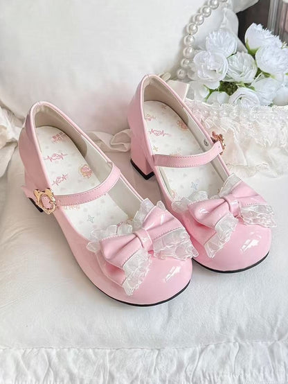 with Floral Round - Lolita Sweet Mid Heels Toe Pink Bow