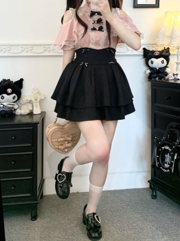 コントラストオープンパッチケイレースブラウスジライホワイト/ピンク/ブルーショルダー