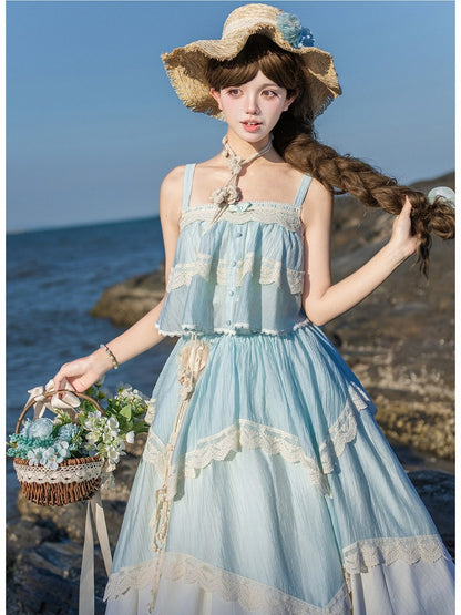 Blue Square Neck Lace Sleeveless Top with Adjustable Straps - With PUJI
