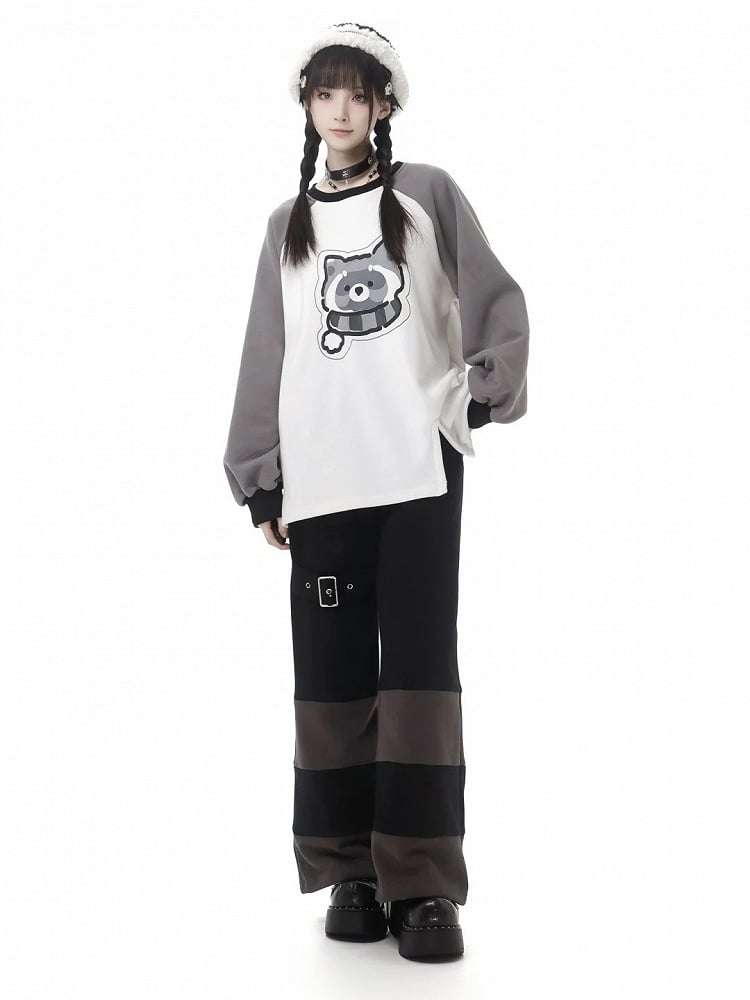 with White Print Gray Adorable Colorblock Raccoon Sweatshirt