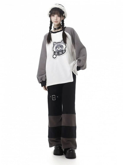 with White Print Gray Adorable Colorblock Raccoon Sweatshirt
