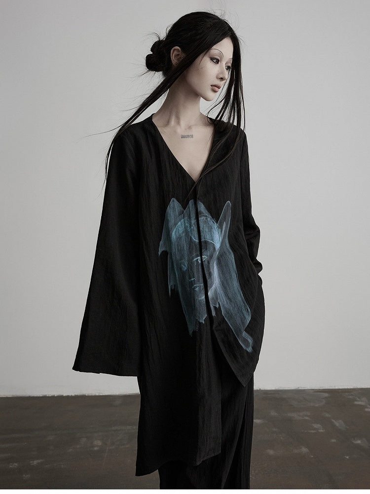 Asymmetric V-Neck Long Sleeve Top with Figure Print - INDULGE