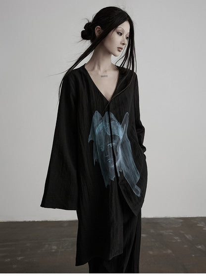 Asymmetric V-Neck Long Sleeve Top with Figure Print - INDULGE