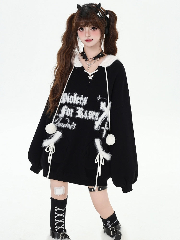 Black Letters Pattern Hooded V-neck Loose Sweater