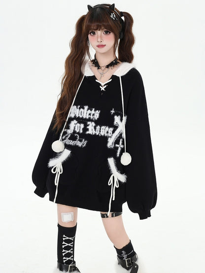 Black Letters Pattern Hooded V-neck Loose Sweater