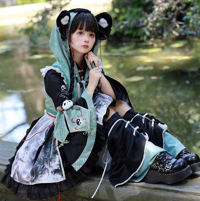 with Black Decoration Green Strapped Plush Panda and Leg Warmers