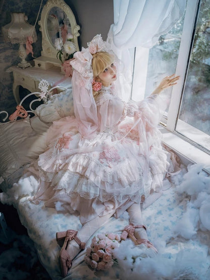 Version JSK Dress Hanayome Lolita Accents Pink with Light Short Flowing Ruffles Rose Layered