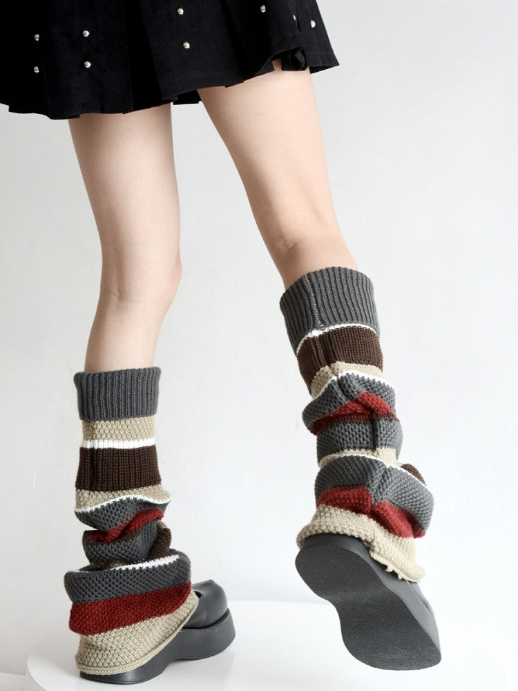Color-Block Knitted Pattern Leg Retro Striped Warmers Maillard