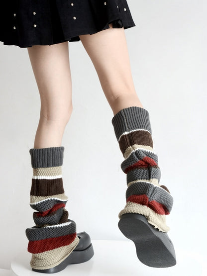 Color-Block Knitted Pattern Leg Retro Striped Warmers Maillard