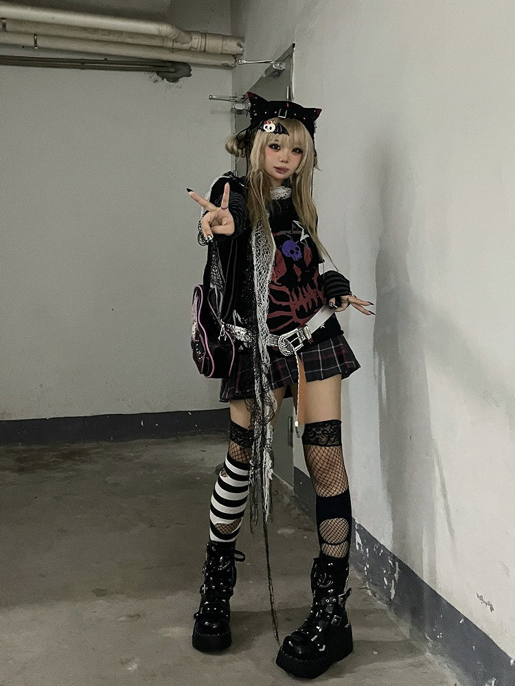 Punkrock-Zweiteiler und Top aus schwarzer Skelett-Baumwolle mit Sternendruck