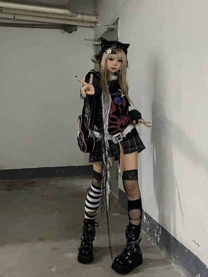 Punkrock-Zweiteiler und Top aus schwarzer Skelett-Baumwolle mit Sternendruck