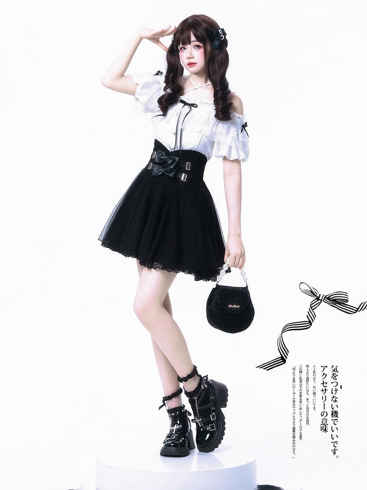 Jirai Kei Black High Waist Skirt with Overlay and Double Bowknot Accents