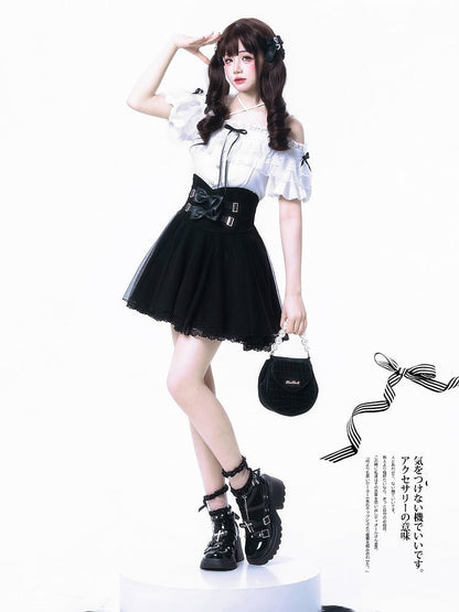 Jirai Kei Black High Waist Skirt with Overlay and Double Bowknot Accents