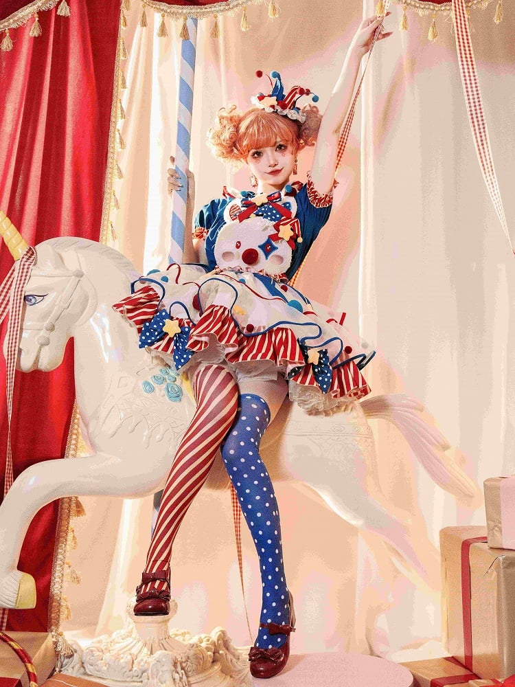 Lolita und Zirkus Pastell Clown Mieder Overalls Rotes Kleid Blau Dunkel Clowncore Bunny Fleece Süß