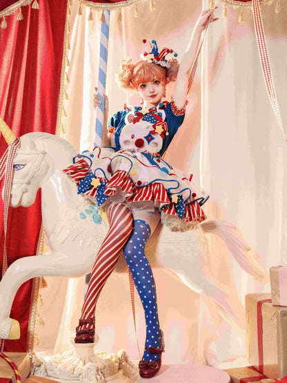 Fleece Clown Bunny Bodice Dark Blue and Red Circus Sweet Lolita Overalls Pastel Clowncore Dress
