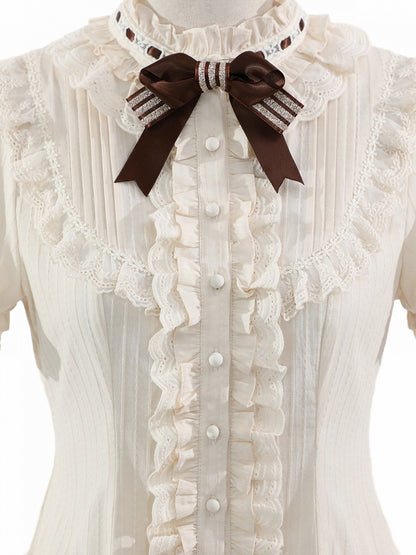 Beige Brown Bow Short-Sleeve Shirt with Ruffle Trim - Twin Bear Original Design